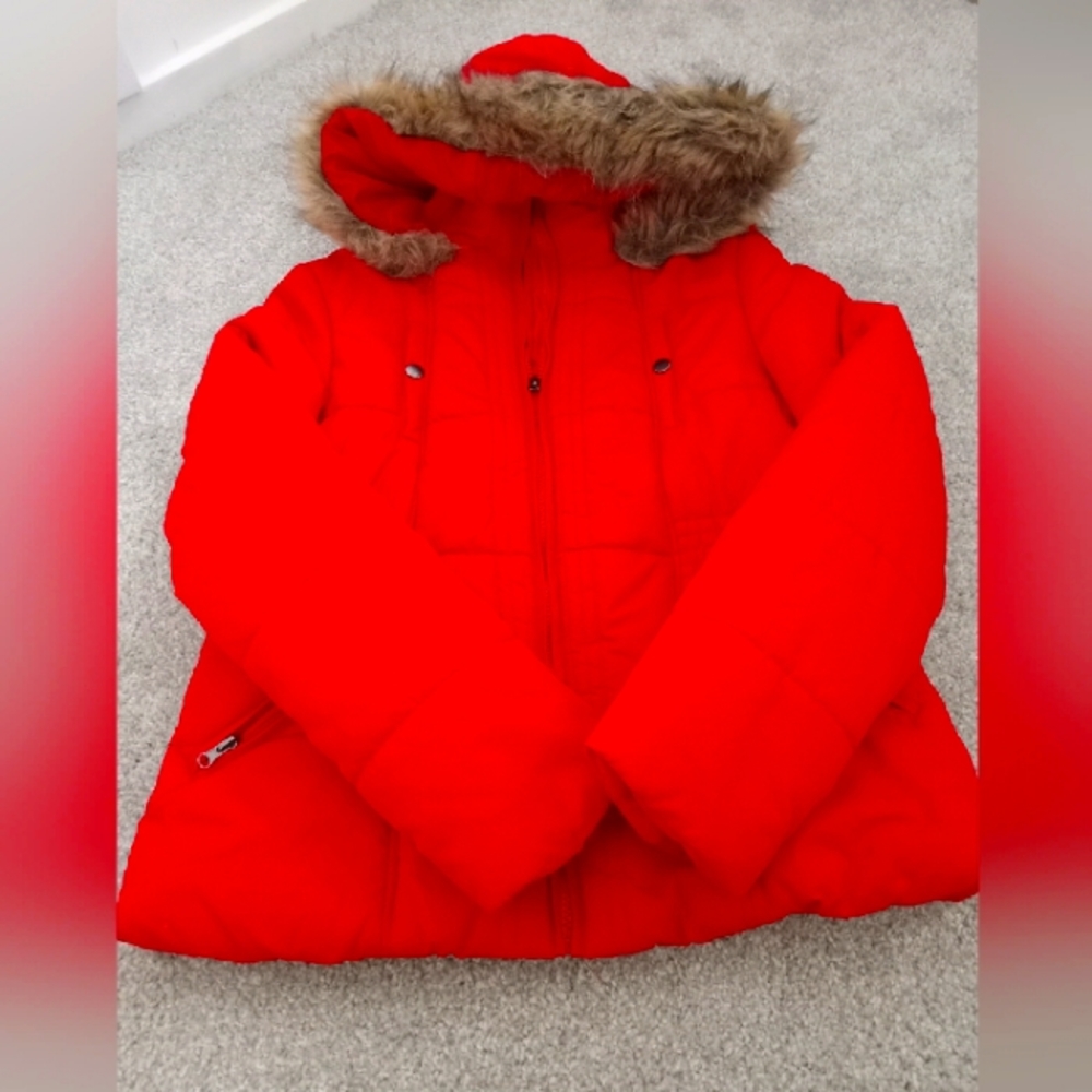 Furry red snow coat with fur